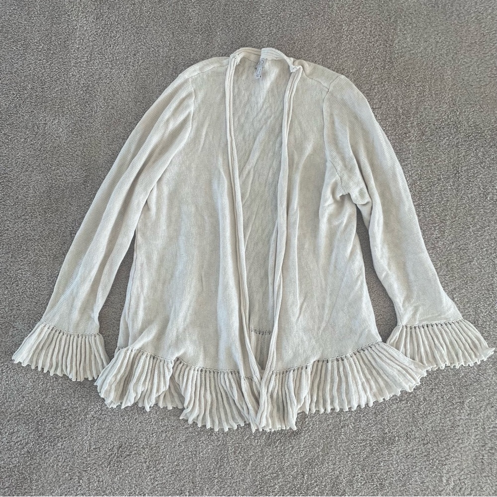 LOGO Slub Open Front Cardigan with Ruffle Detail - CREAM